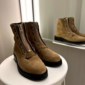 NWOT AllSaints Ariel Leather Lace Up Biker Boots, Cognac Sand
